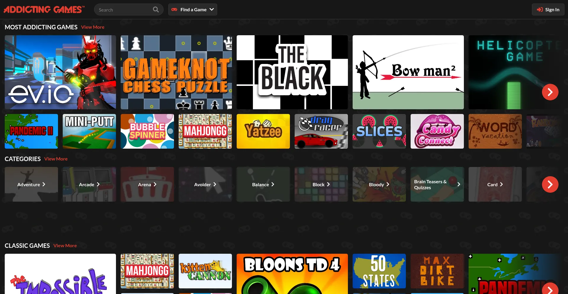 Website screenshot of Addictinggames.com