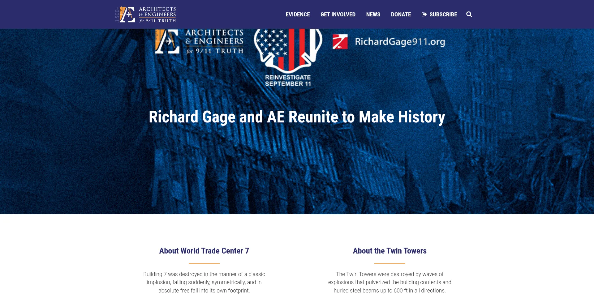 Website screenshot of Ae911truth.org