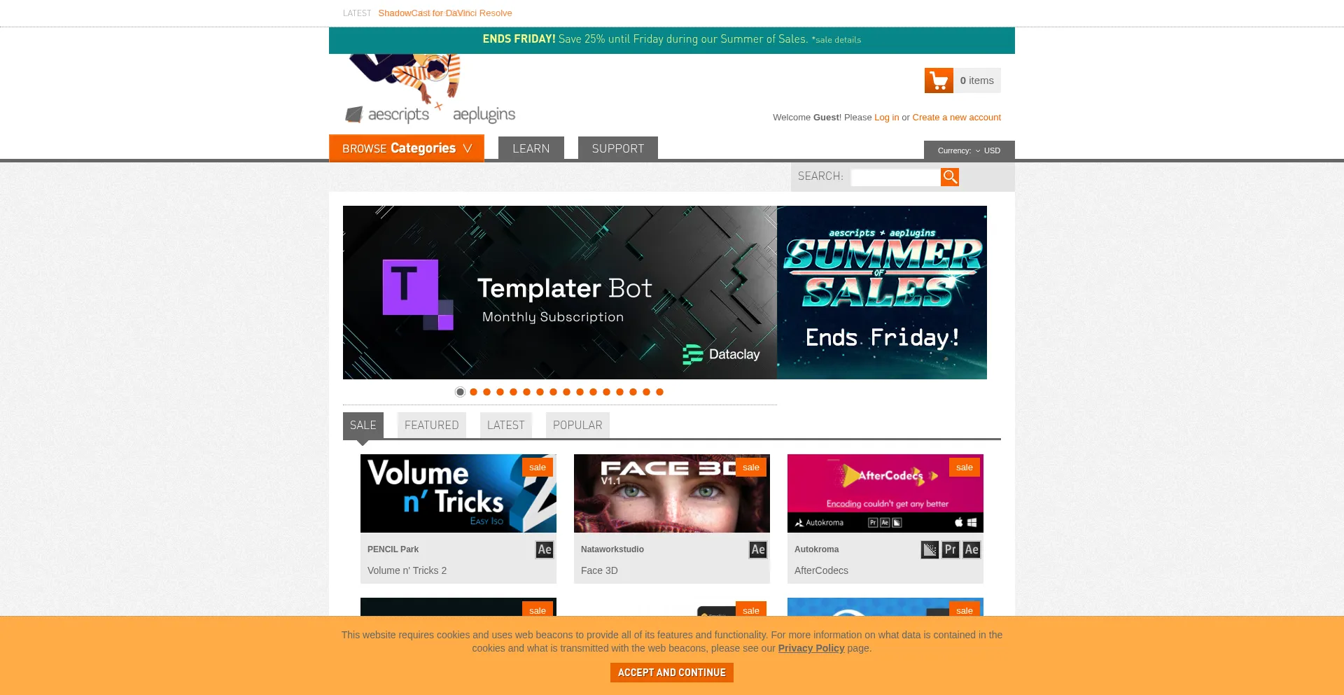 Website screenshot of Aescripts.com