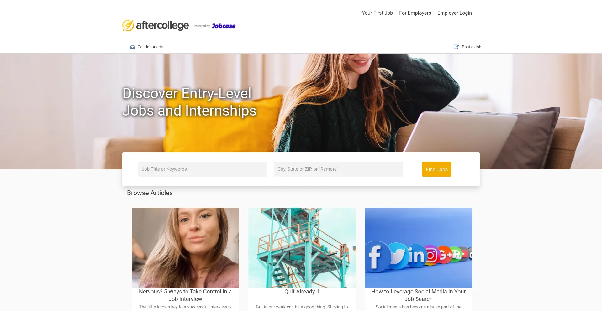 Website screenshot of Aftercollege.com