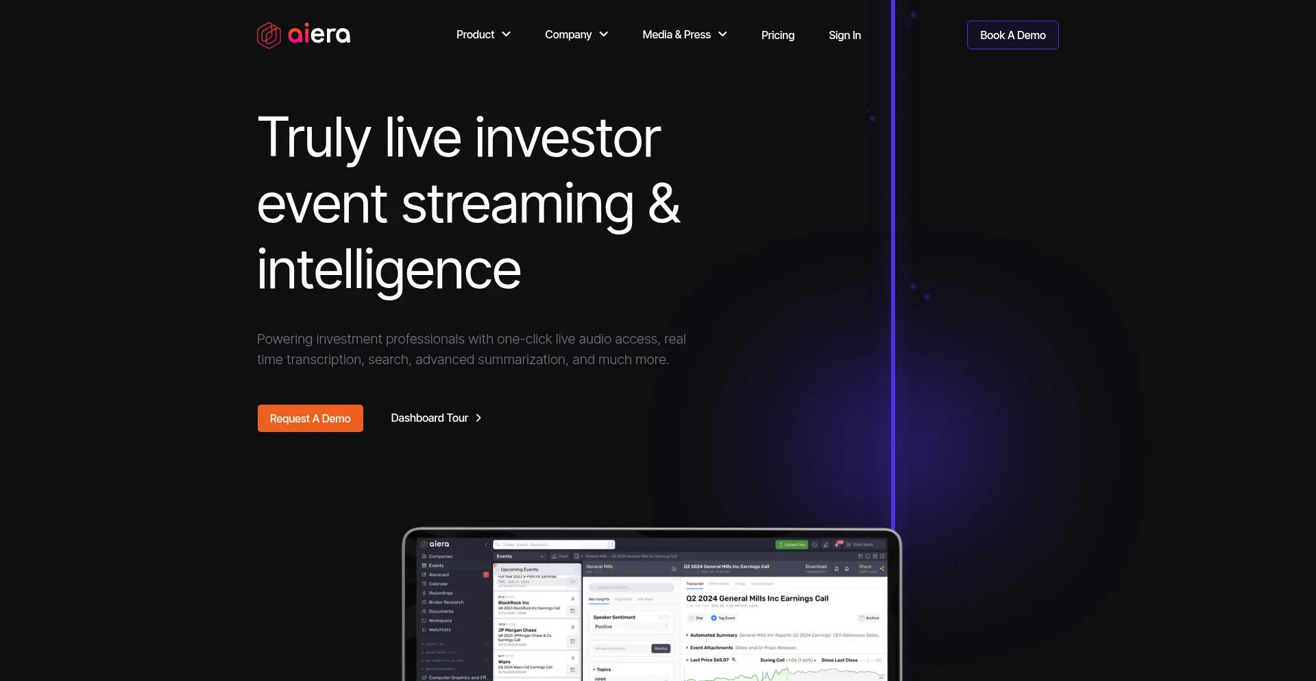 Website screenshot of Aiera.com