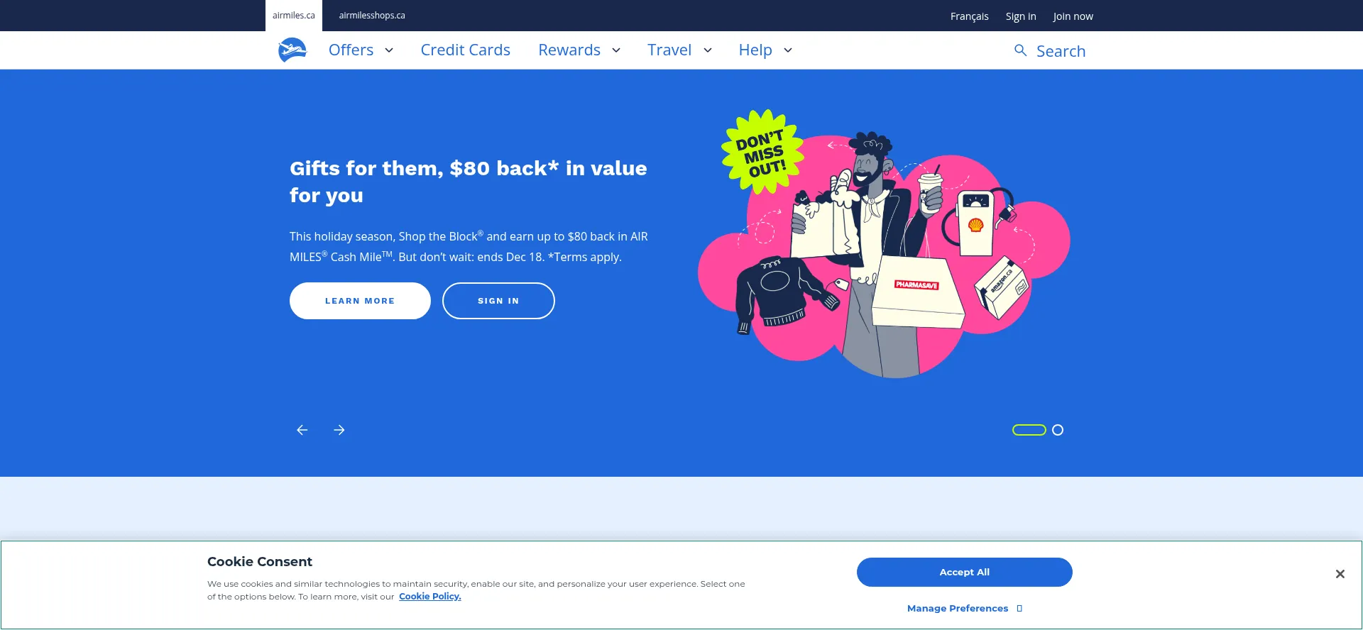 Website screenshot of Airmiles.ca