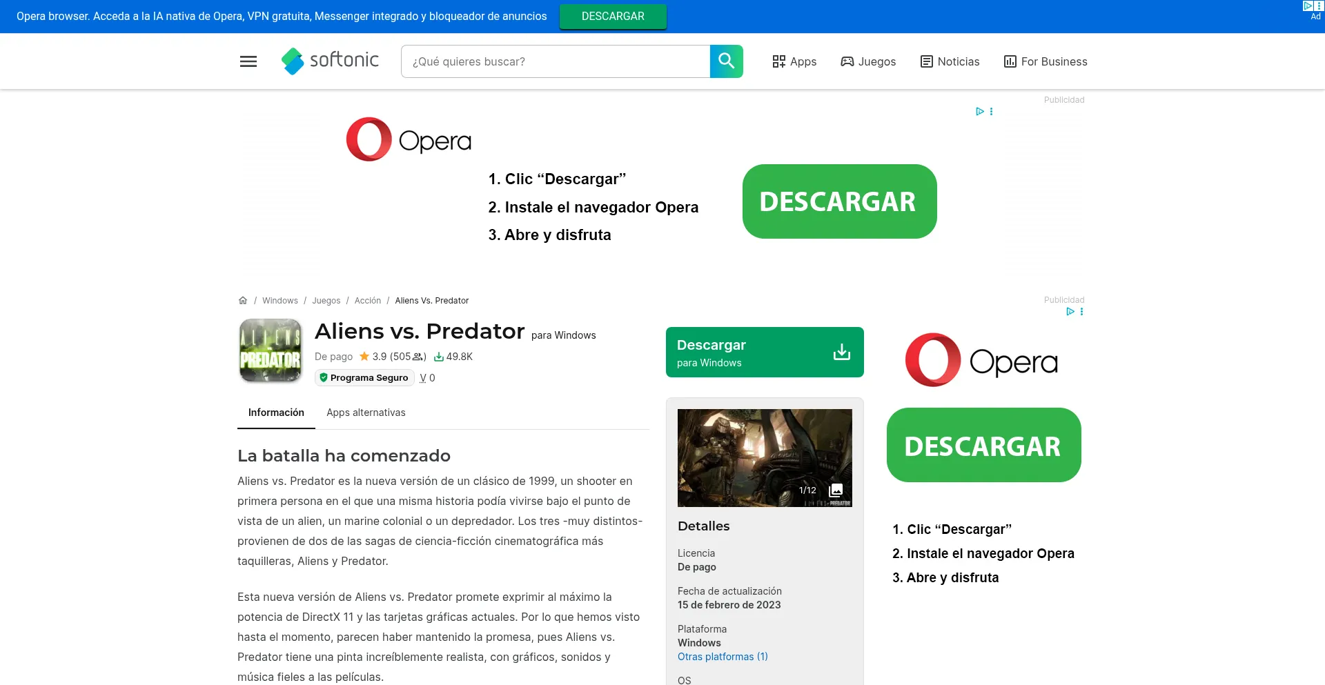 Website screenshot of Aliens-vs-predator.softonic.com