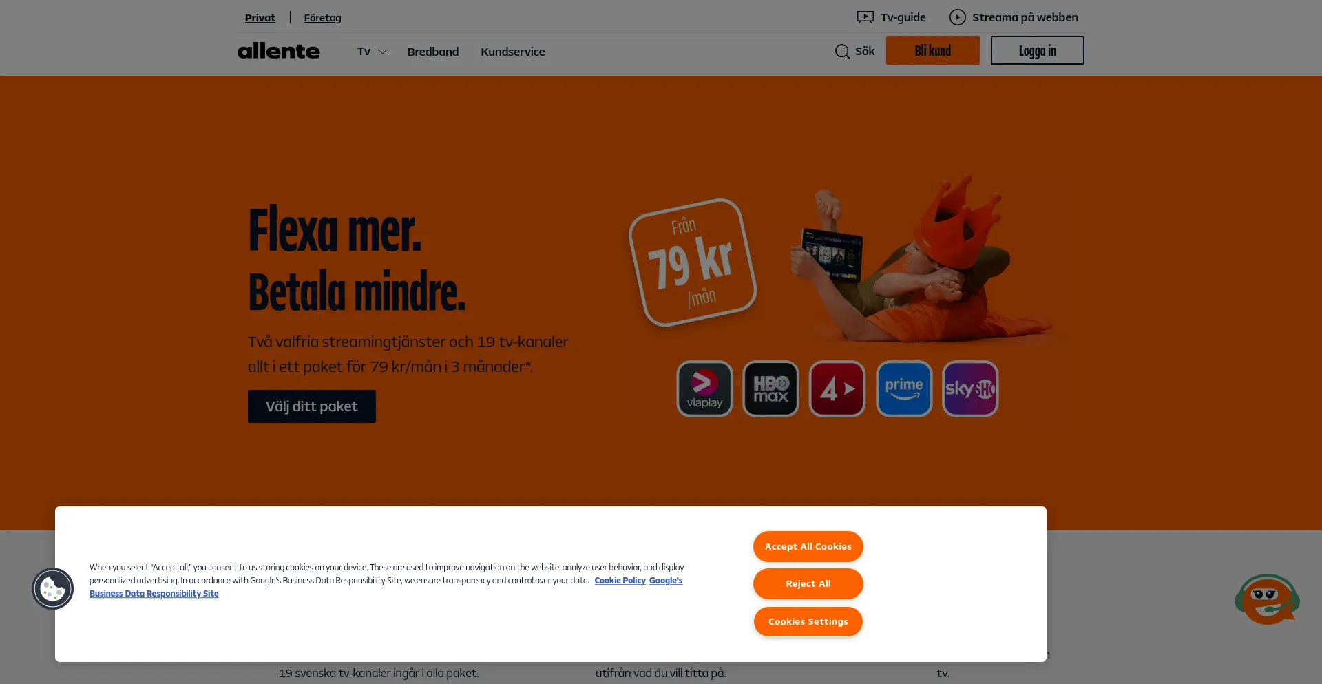 Website screenshot of Allente.se