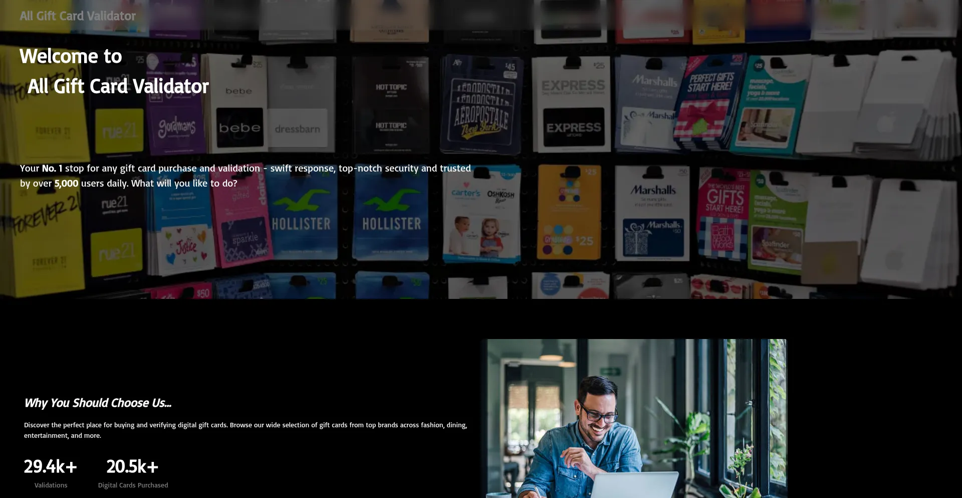 Website screenshot of Allgiftcardvalidator.com