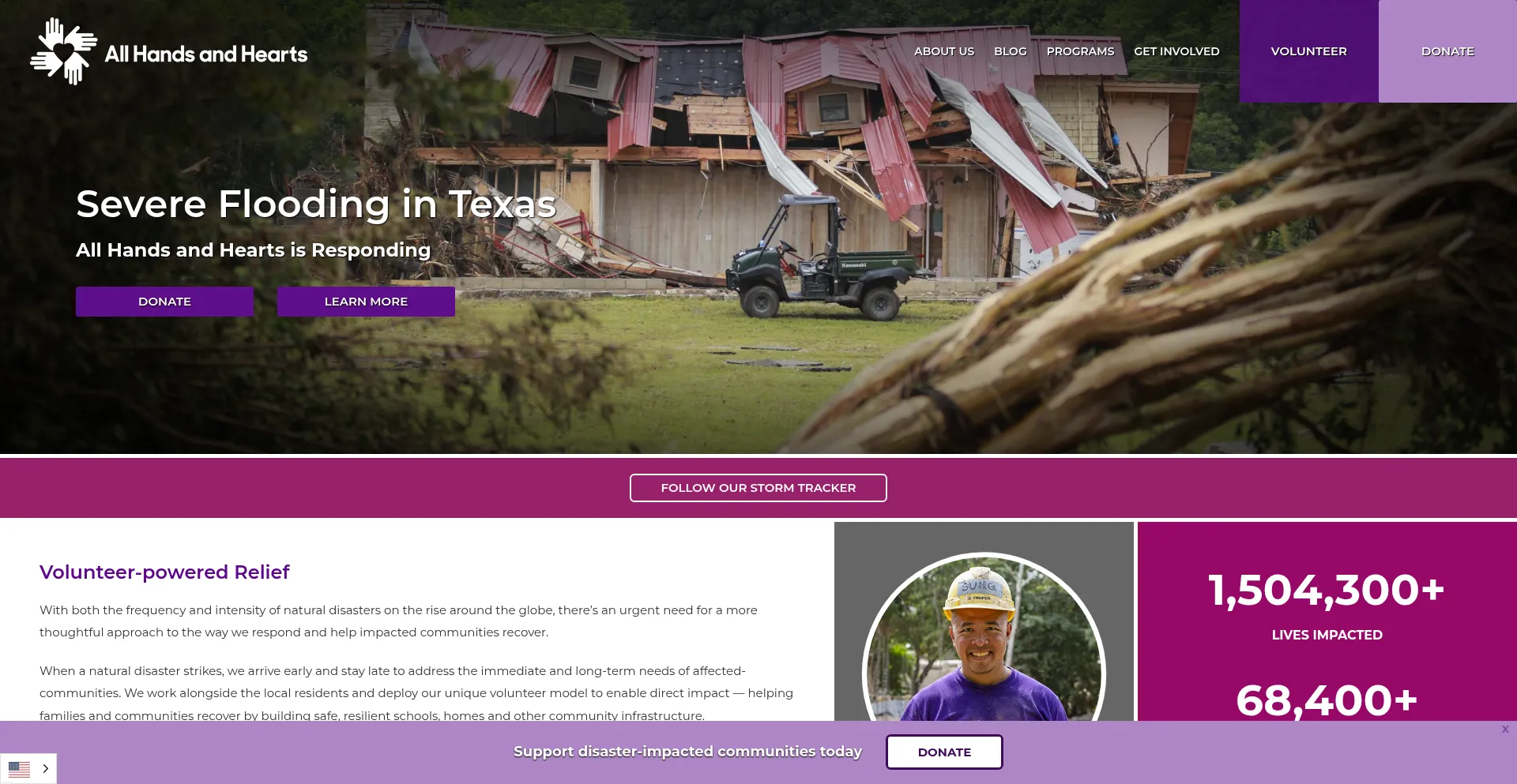 Website screenshot of Allhandsandhearts.org