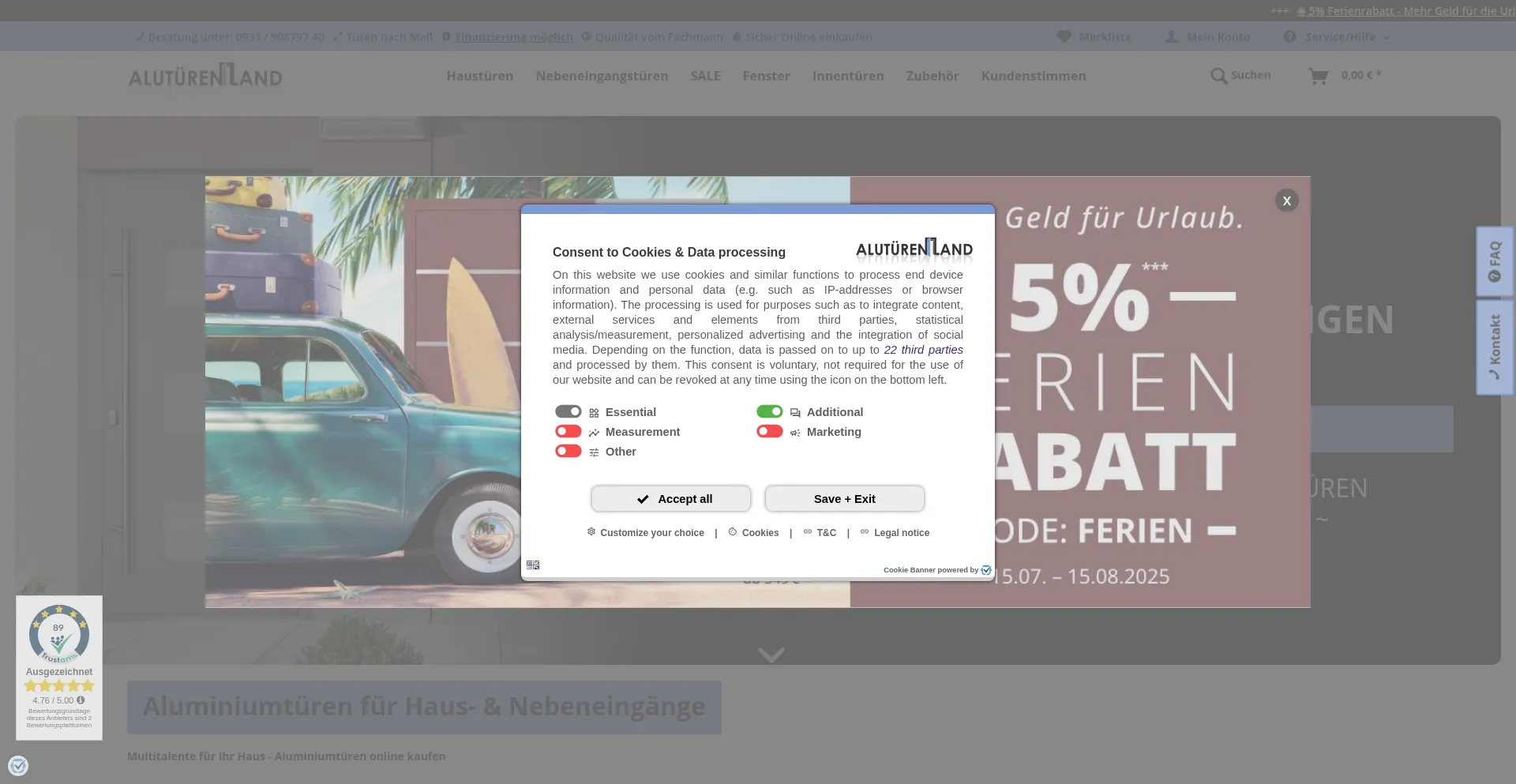 Website screenshot of Alutuerenland.de