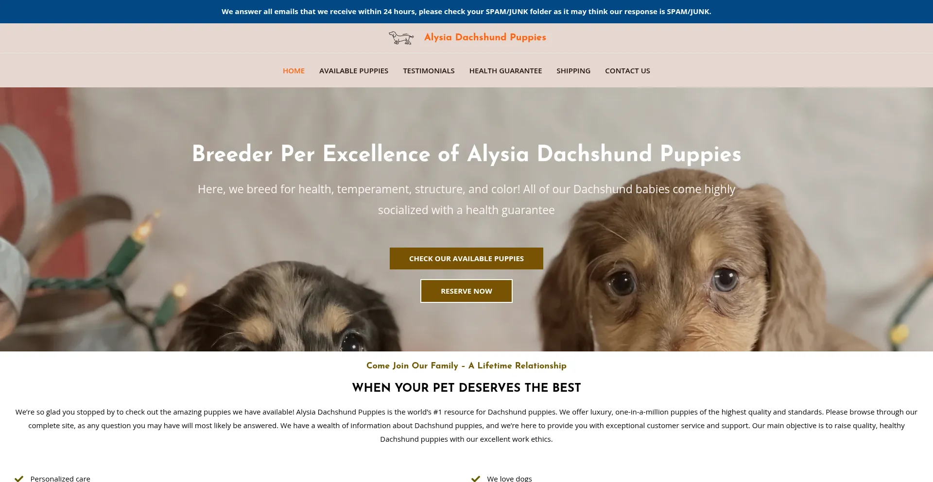Website screenshot of Alysiadachshundpuppies.com