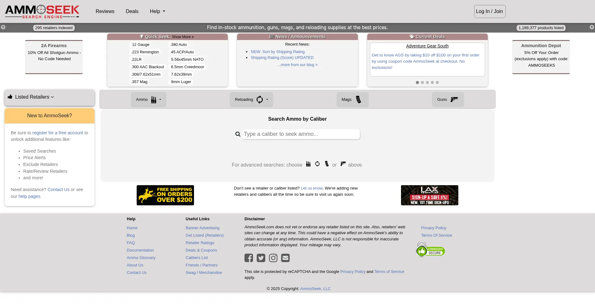 Website screenshot of Ammoseek.com