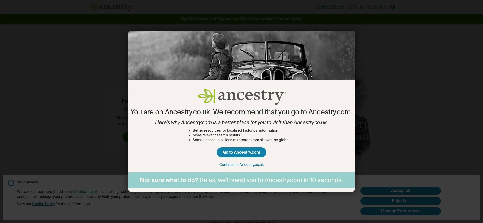 Website screenshot of Ancestry.co.uk
