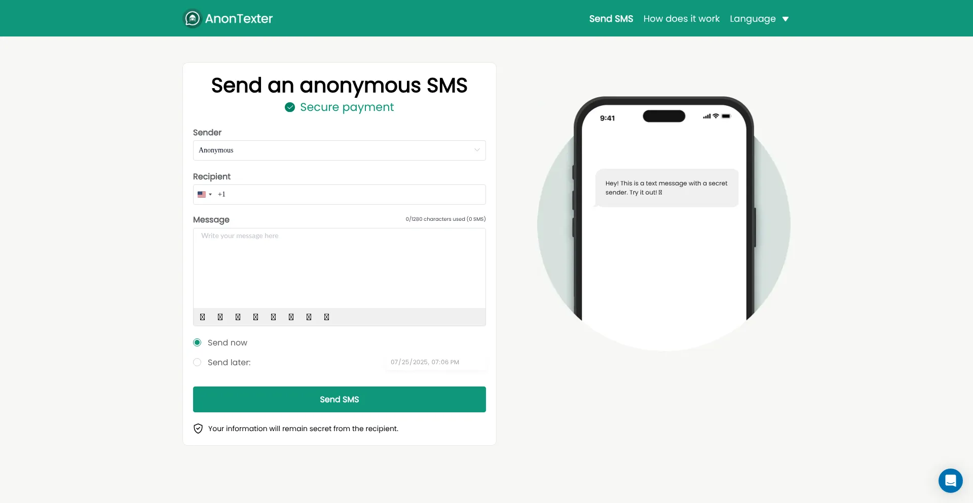 Website screenshot of Anontexter.com