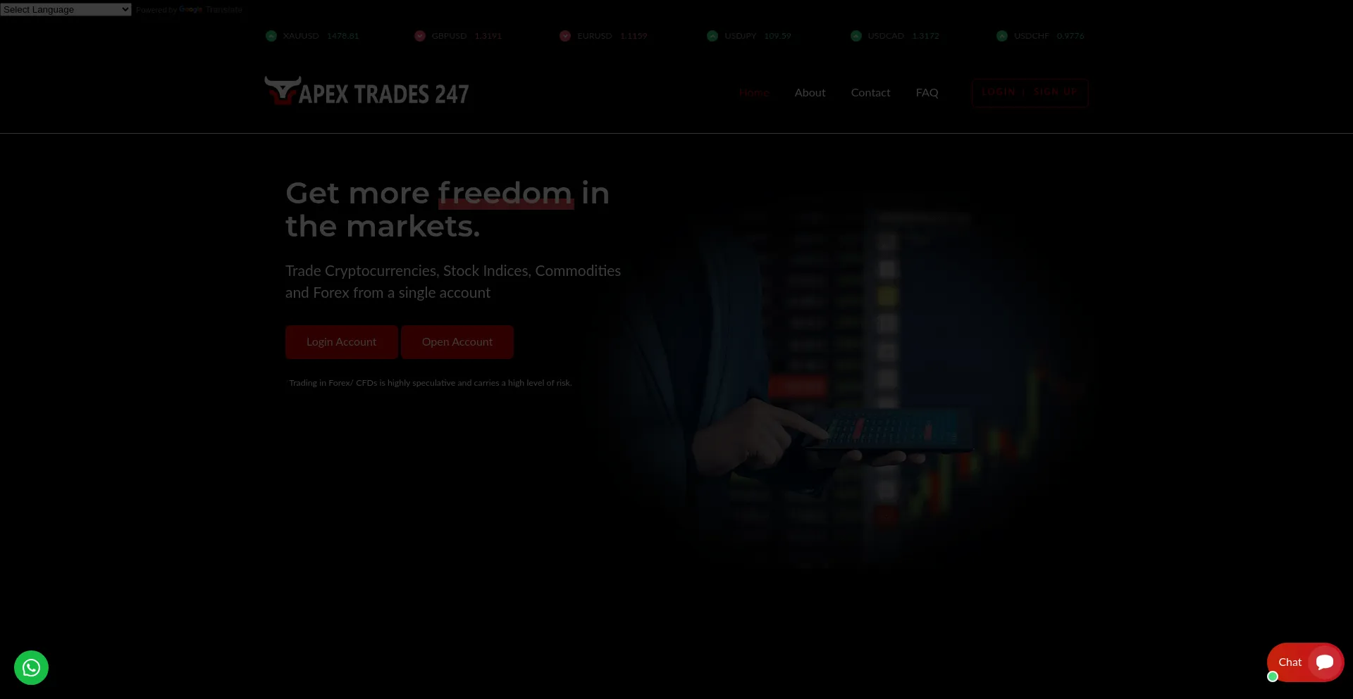 Website screenshot of Apextrades247.com