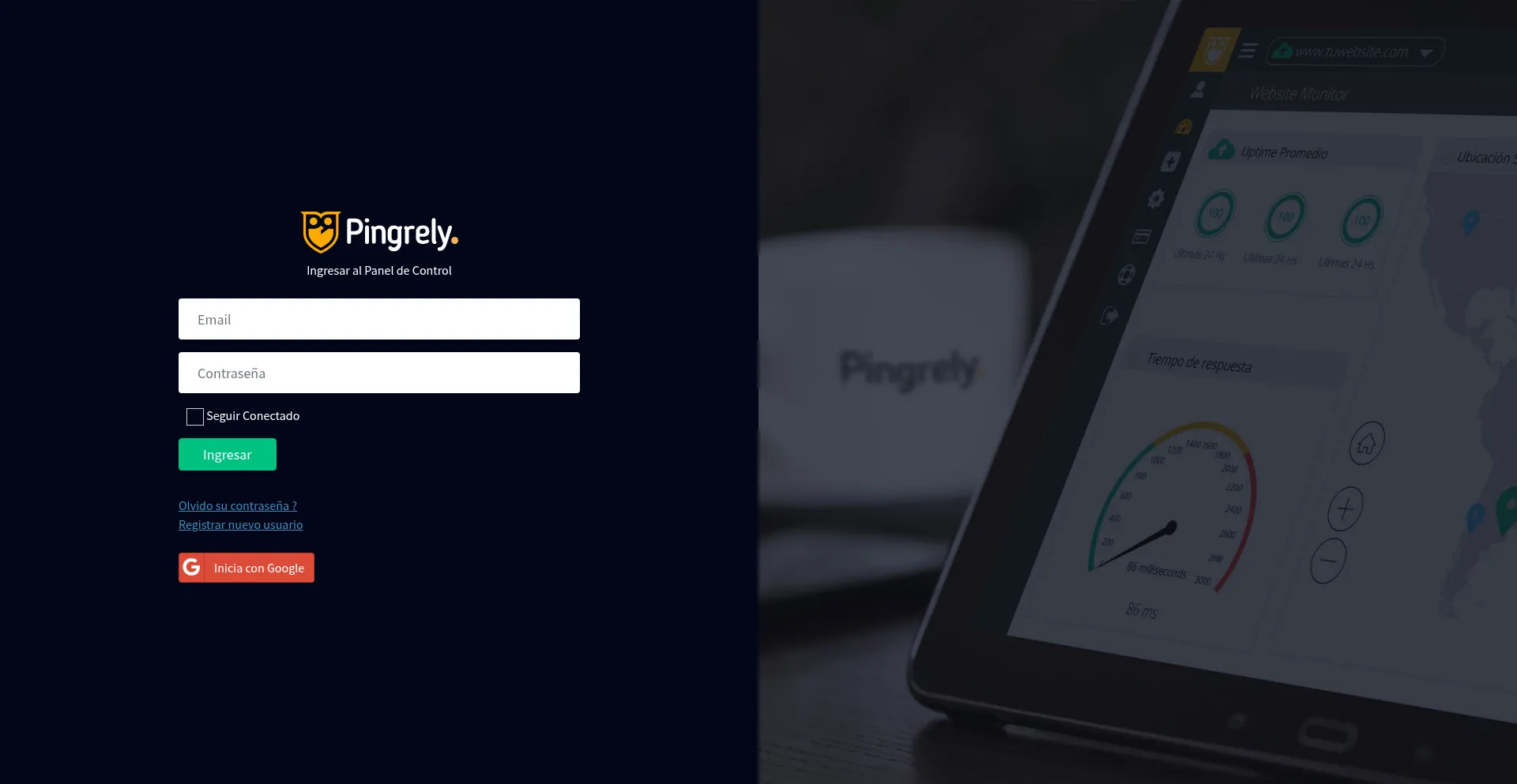 Website screenshot of App.pingrely.com