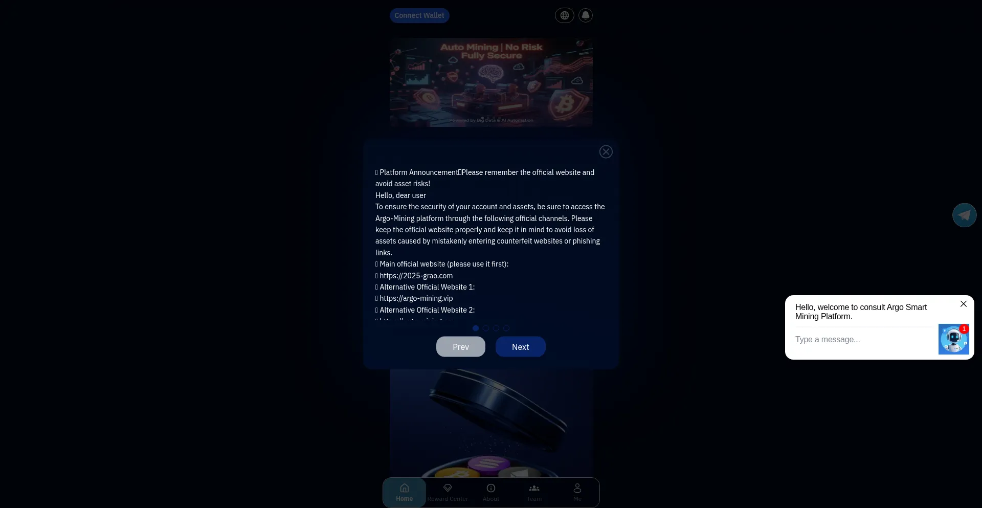 Website screenshot of Argo-mining.vip