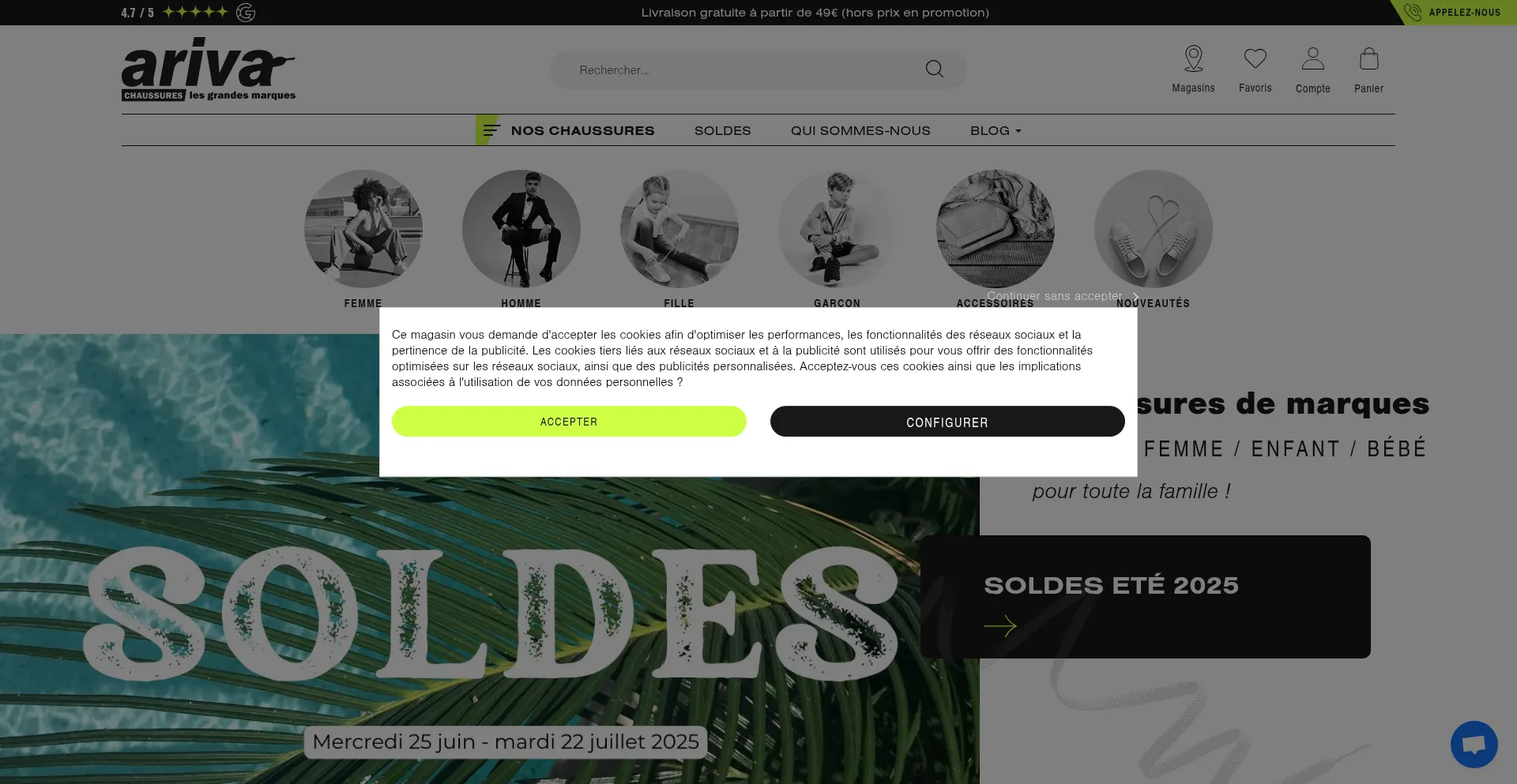 Website screenshot of Arivachaussures.fr