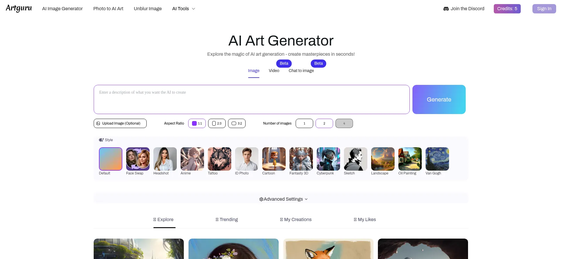 Website screenshot of Artguru.ai