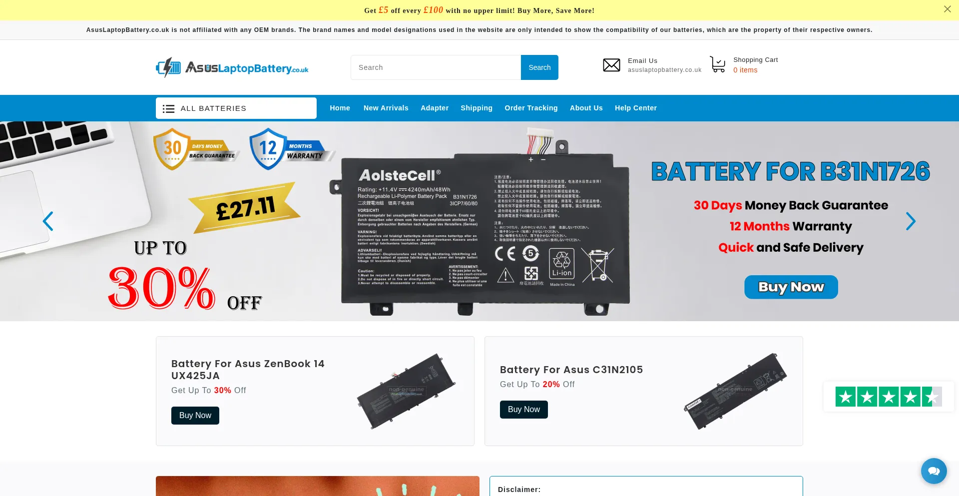Website screenshot of Asuslaptopbattery.co.uk