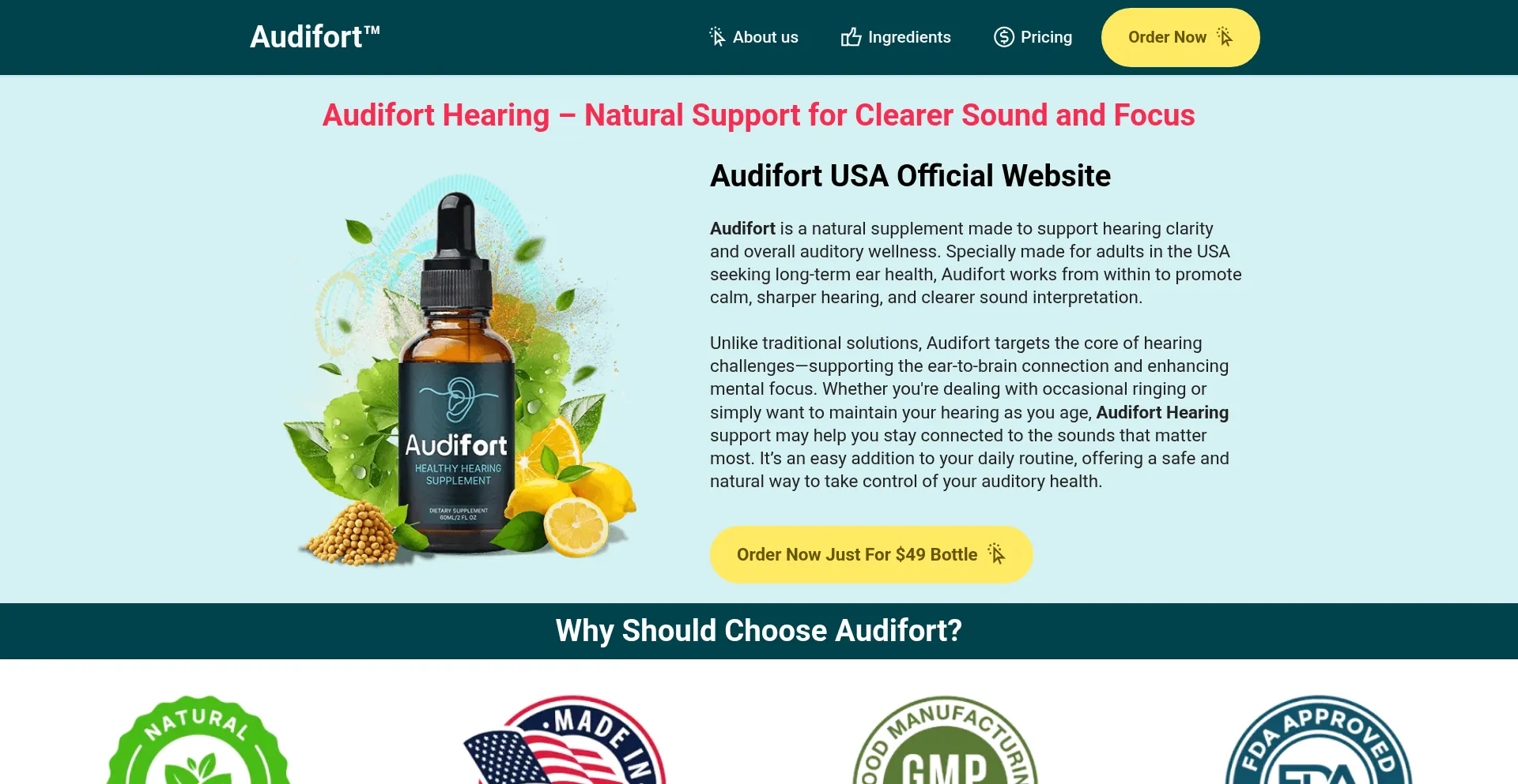 Website screenshot of Audifort-hearing.us
