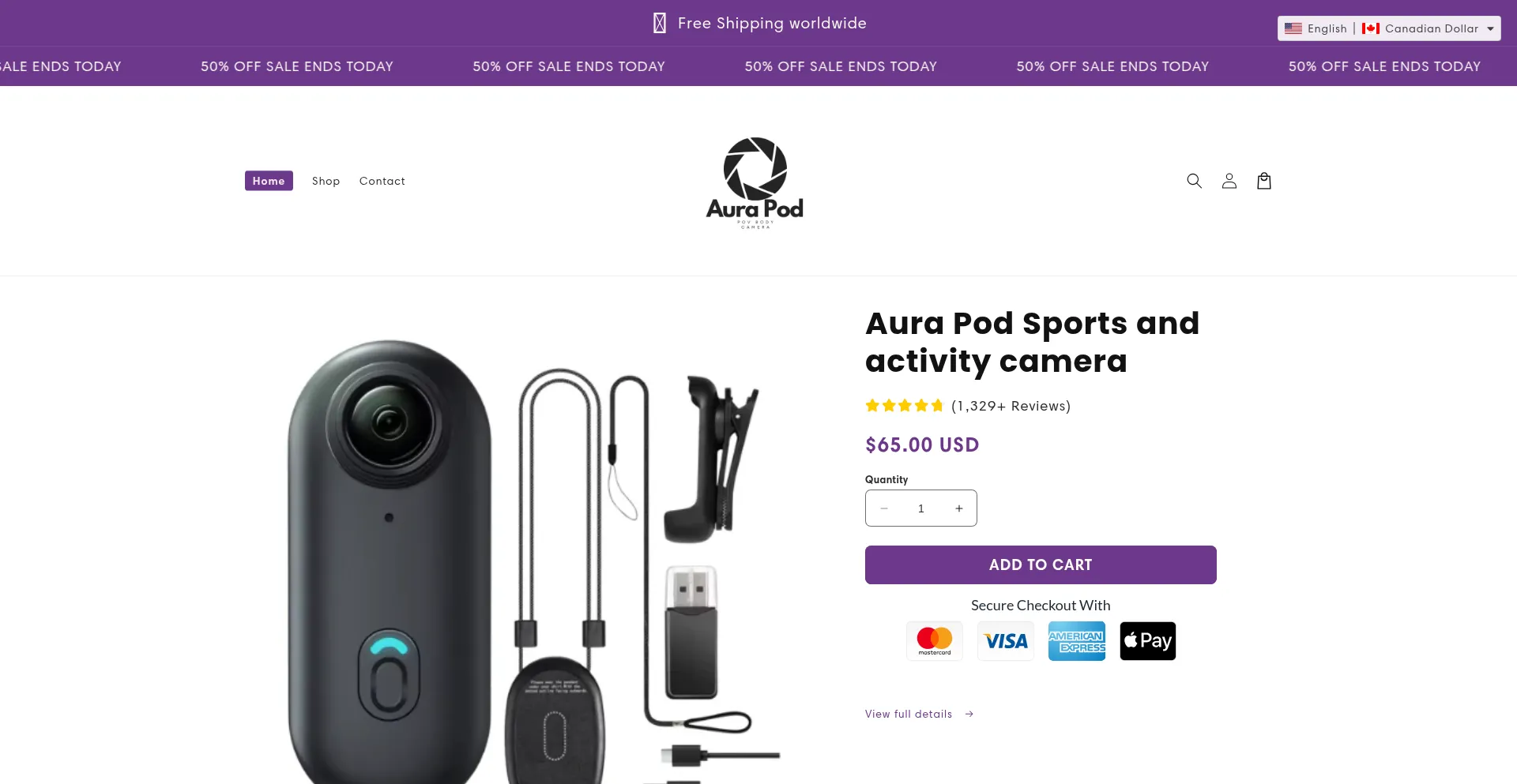 Website screenshot of Aurapod.store