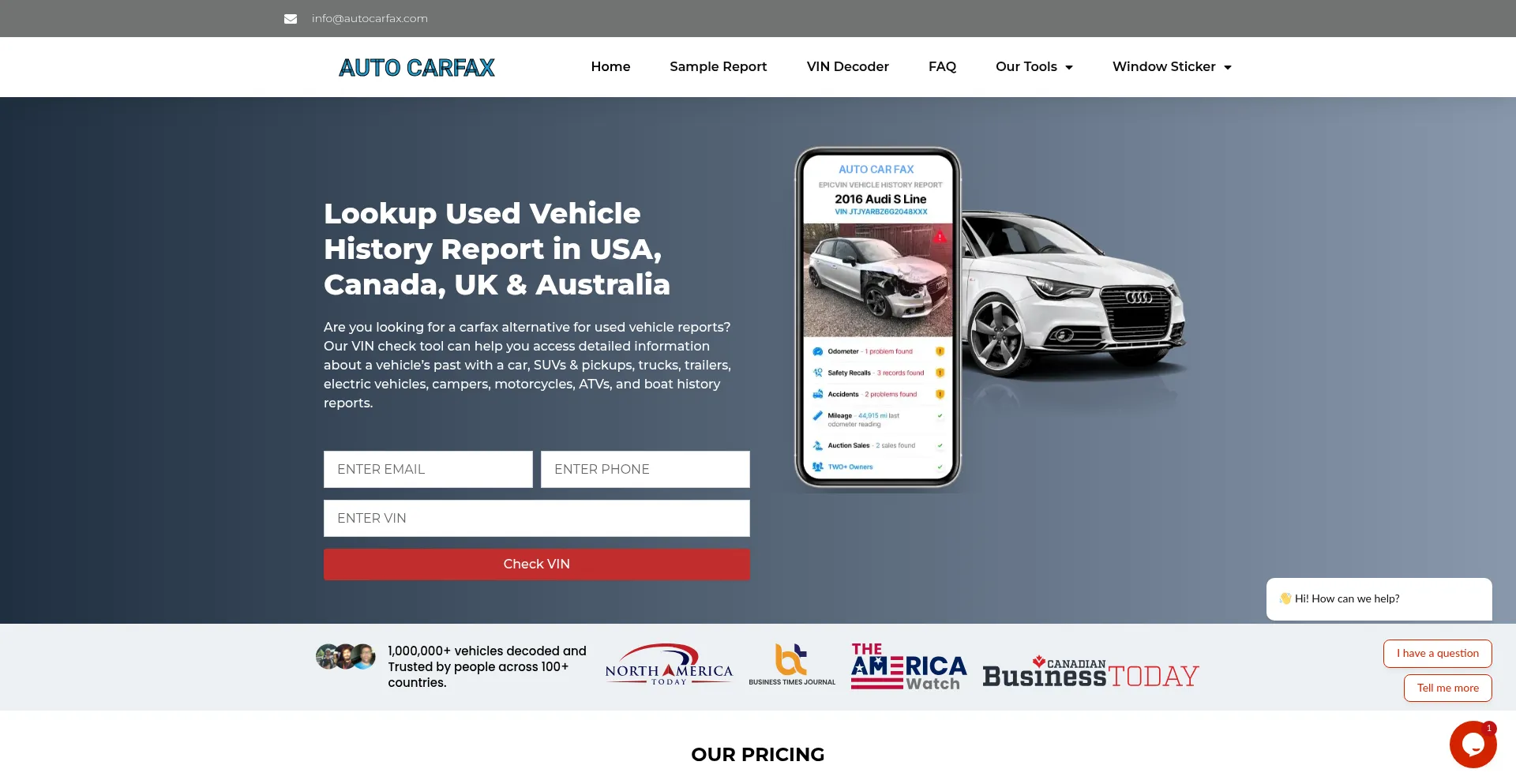 Website screenshot of Autocarfax.com