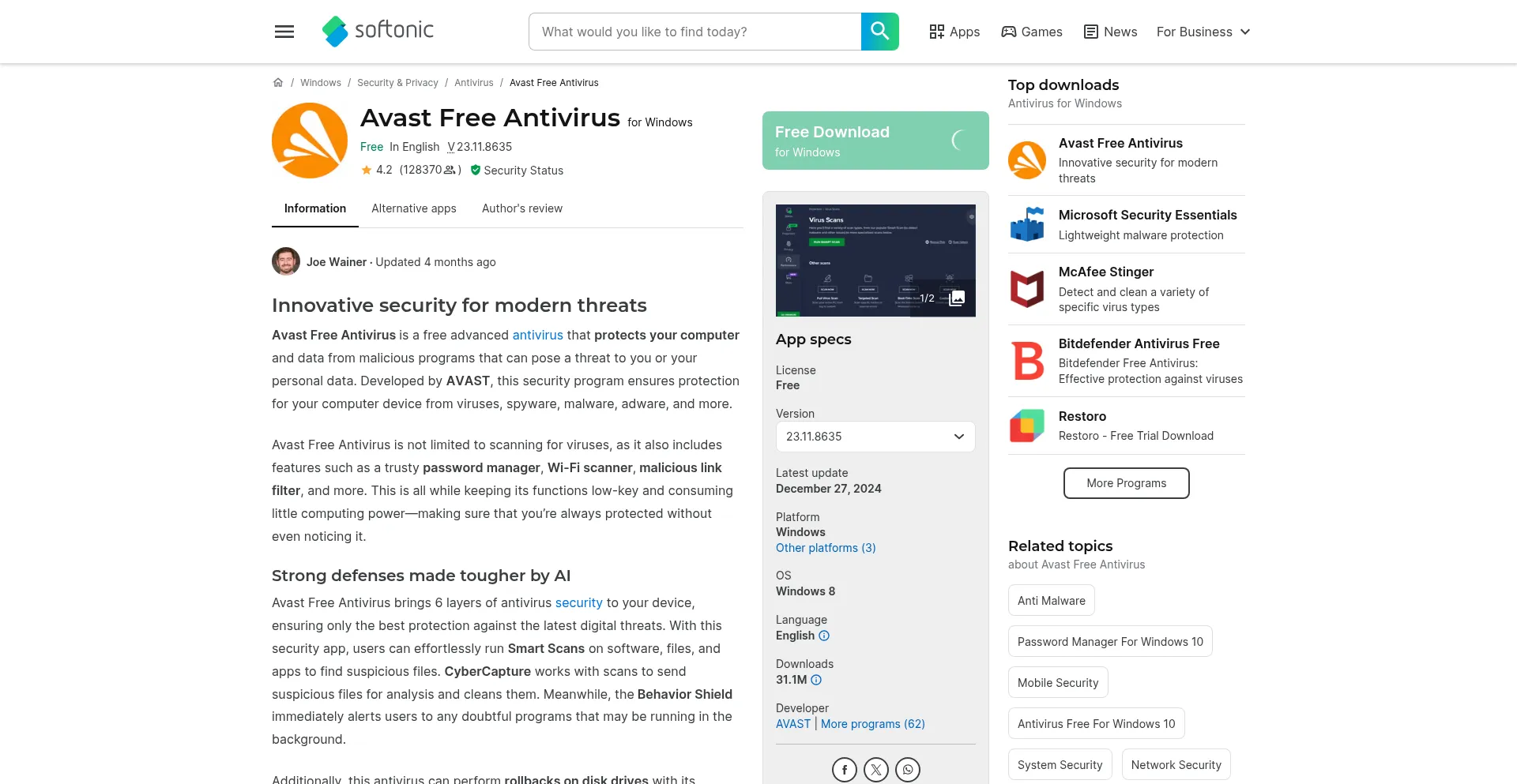 Website screenshot of Avast.en.softonic.com
