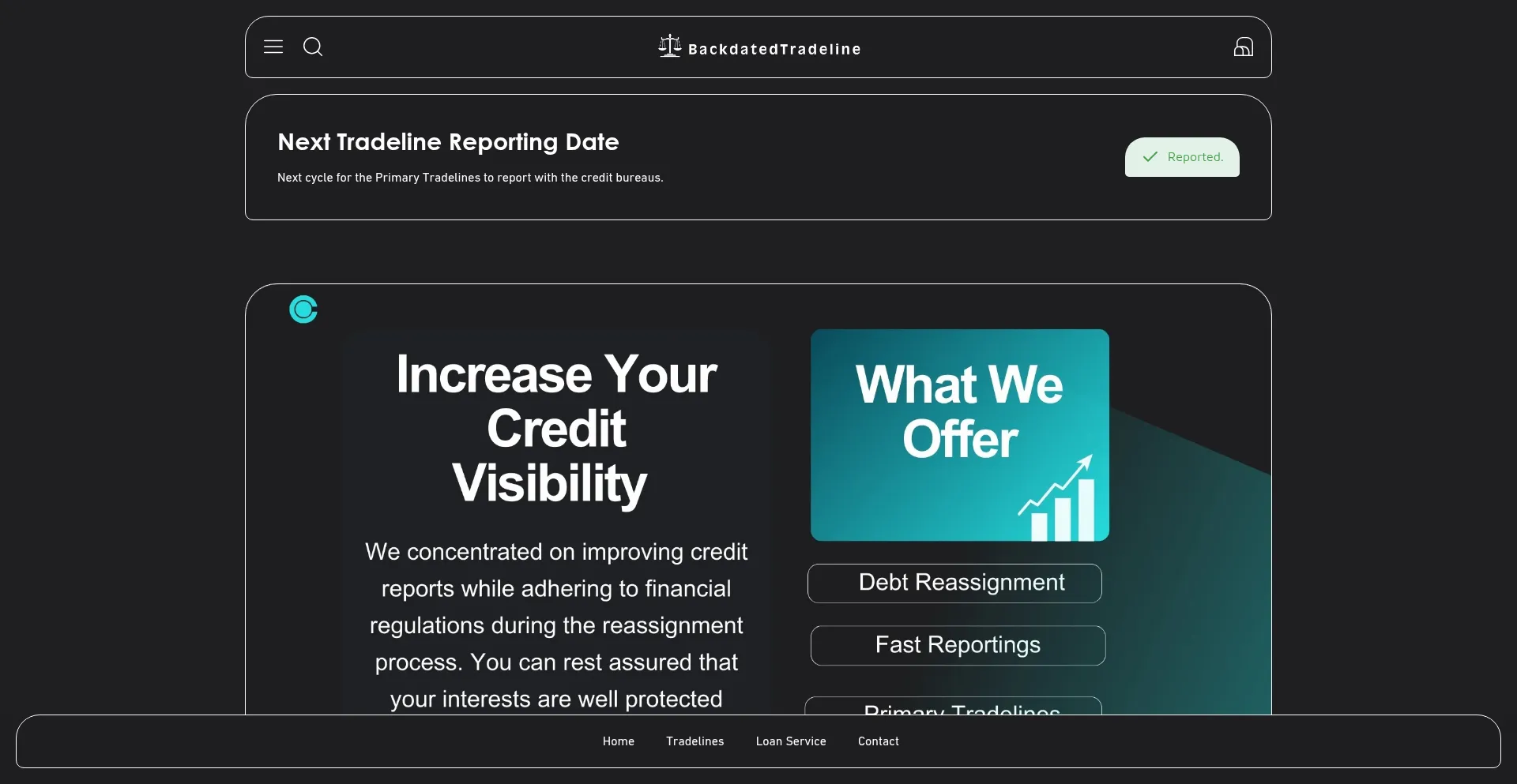 Website screenshot of Backdatedtradeline.com