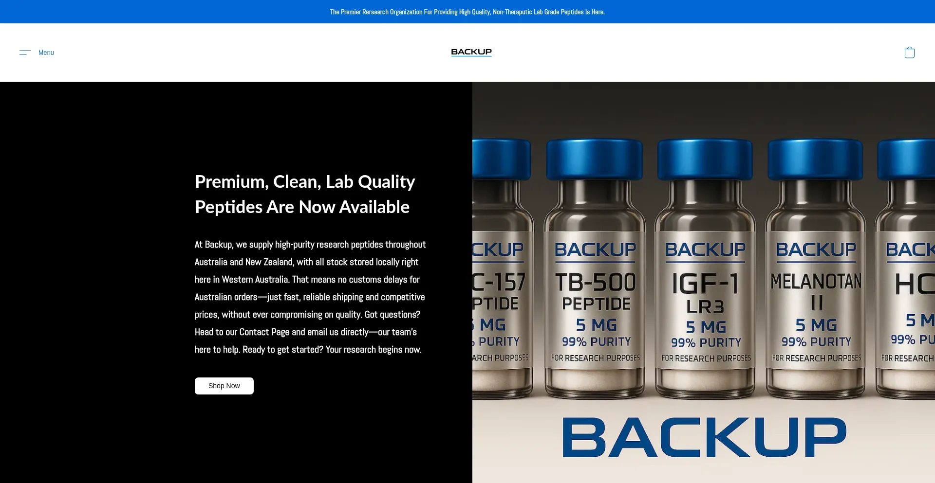 Website screenshot of Backuppeptides.com.au