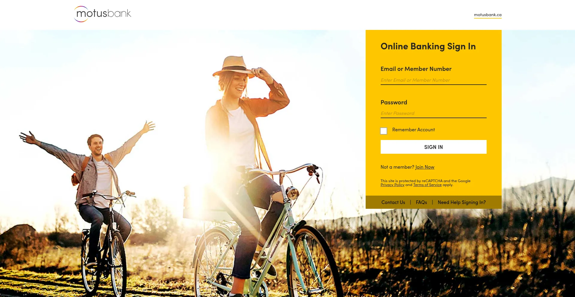 Website screenshot of Banking.motusbank.ca