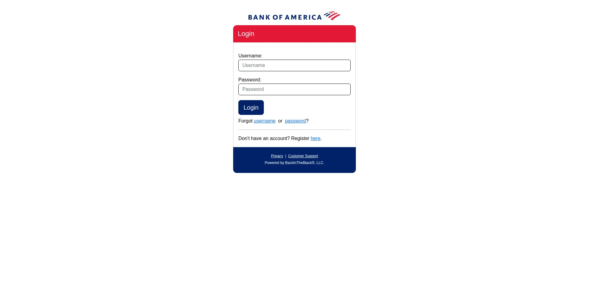 Website screenshot of Bankofamerica.loansolutioncenter.com
