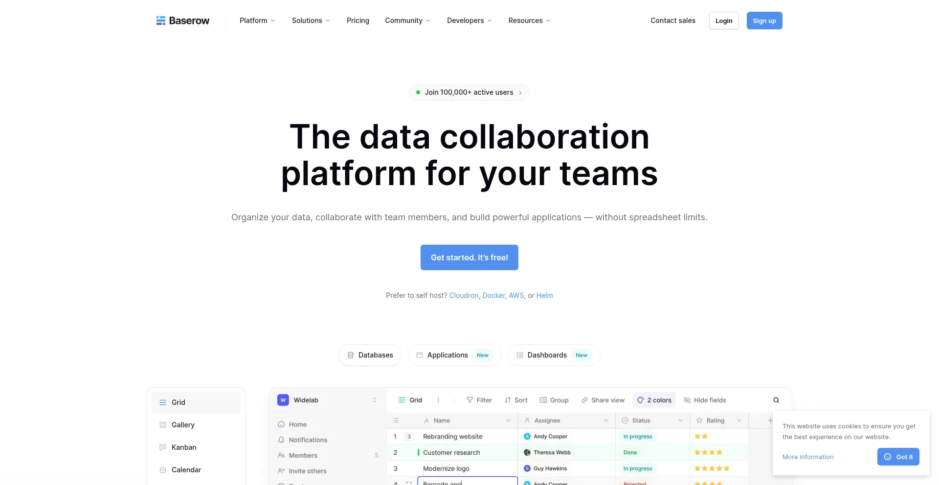 Website screenshot of Baserow.io