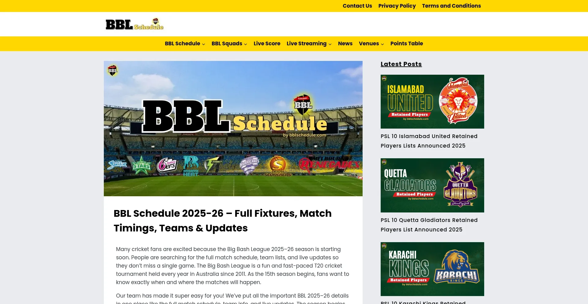 Website screenshot of Bblschedule.com