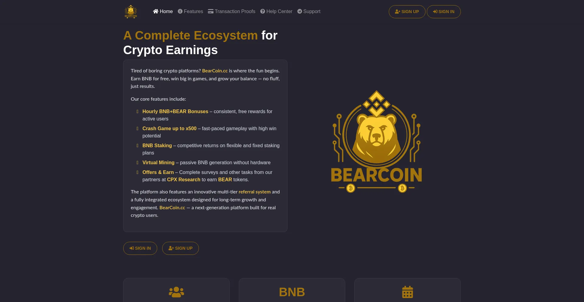 Website screenshot of Bearcoin.cc