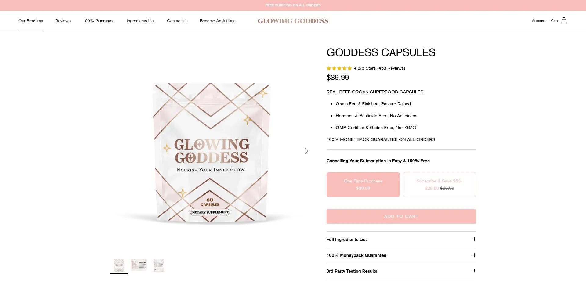 Website screenshot of Becomeaglowinggoddess.com