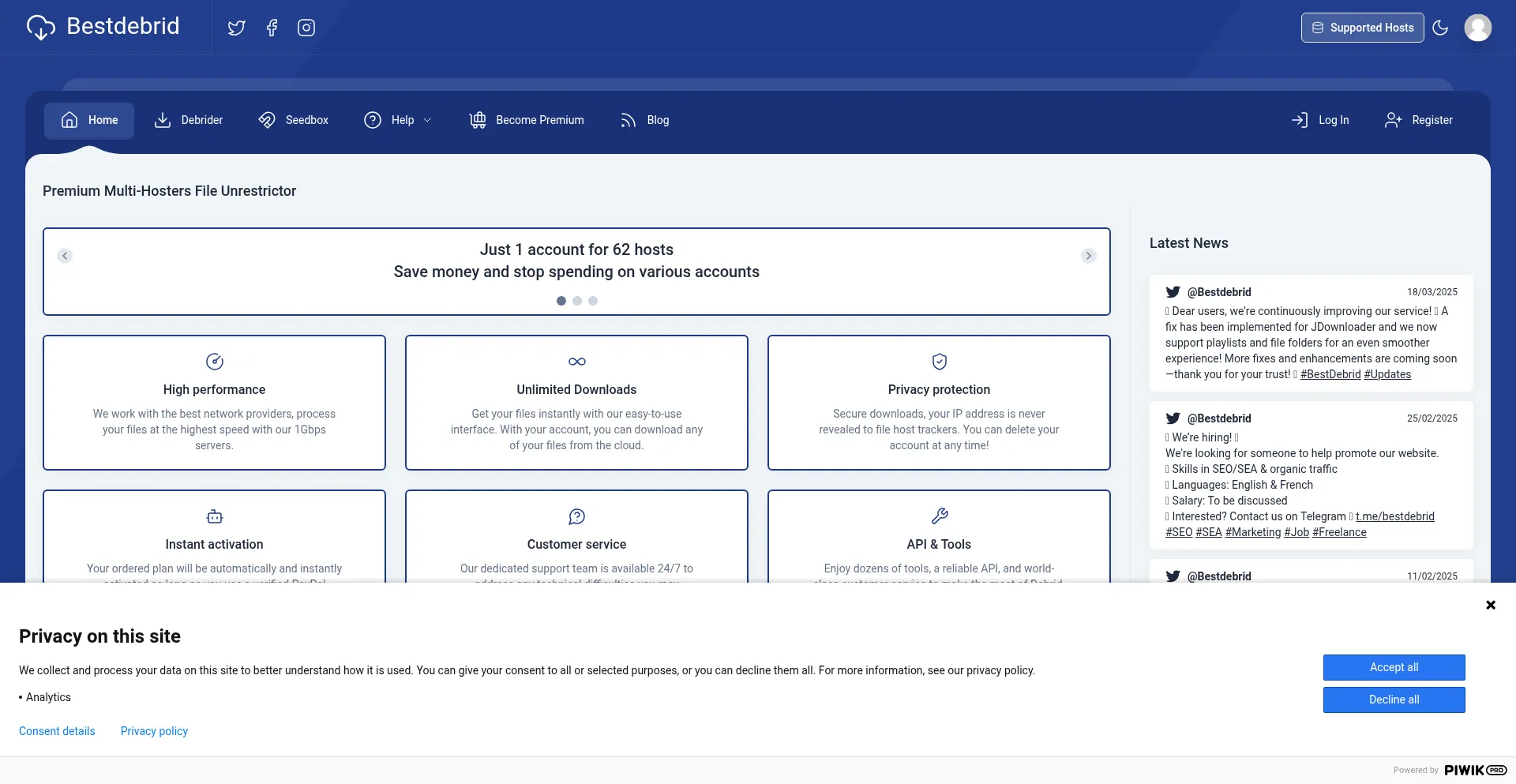 Website screenshot of Bestdebrid.com