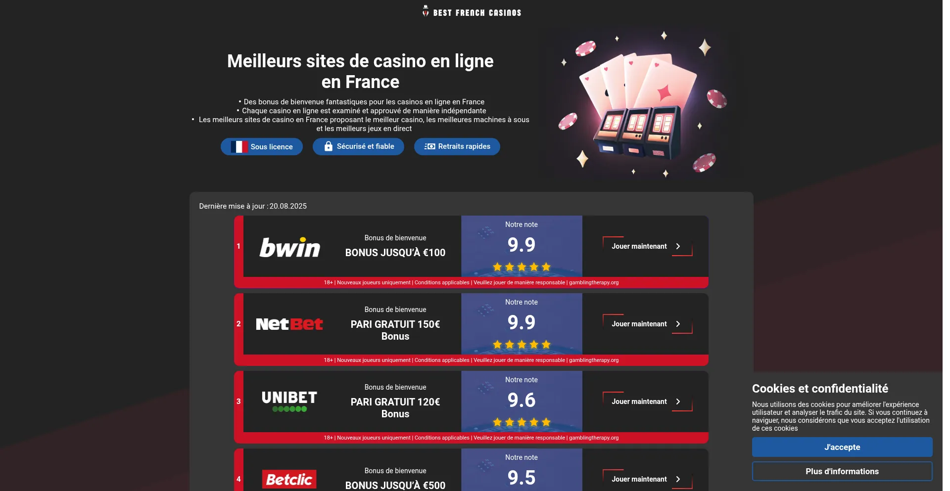 Website screenshot of Bestfrenchcasinos.com