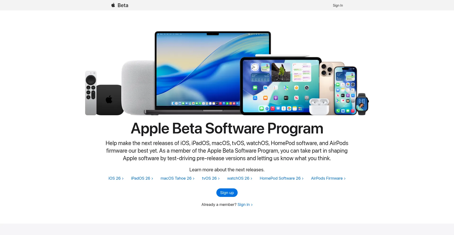 Website screenshot of Beta.apple.com