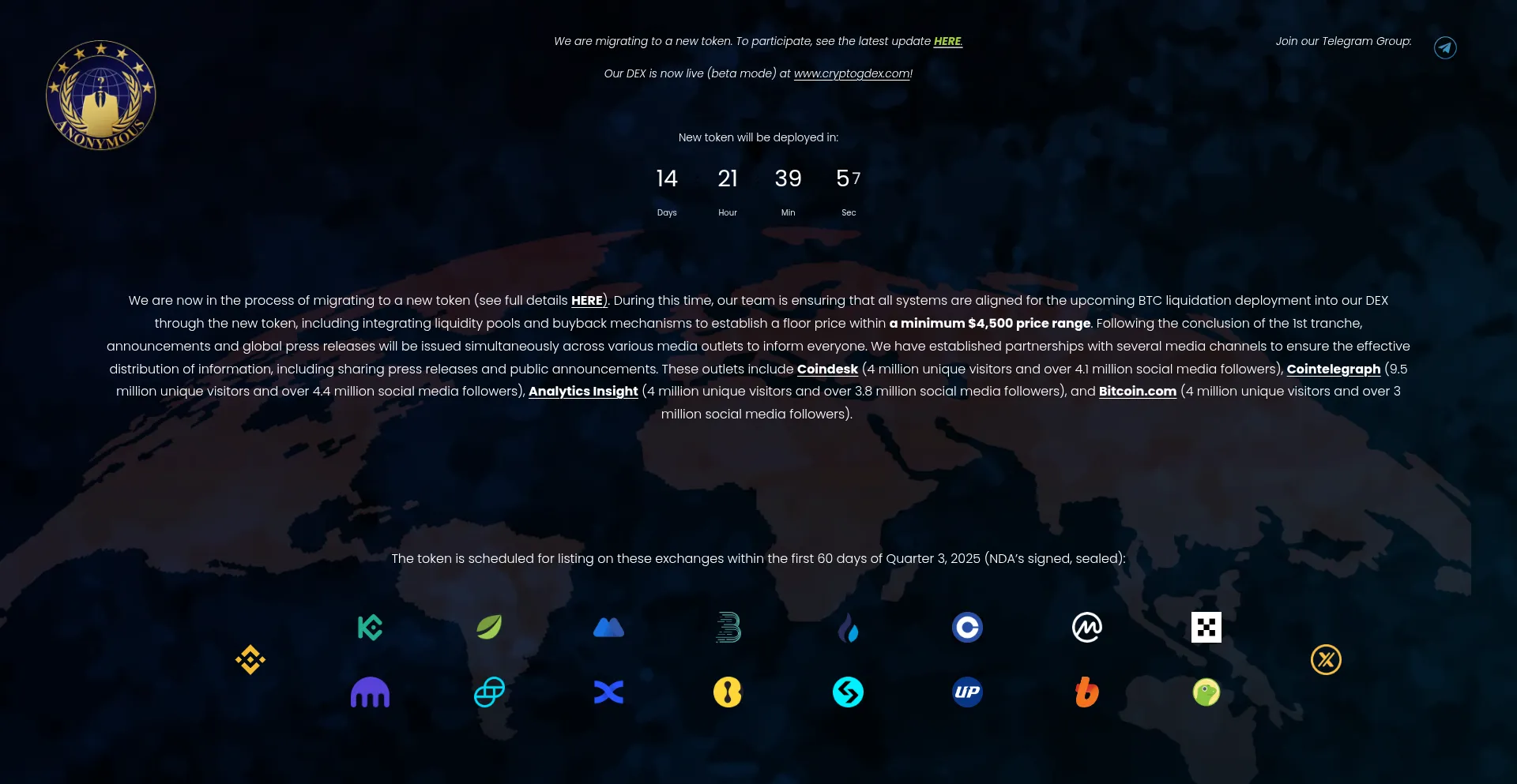 Website screenshot of Bitcoinliquidationevent.com