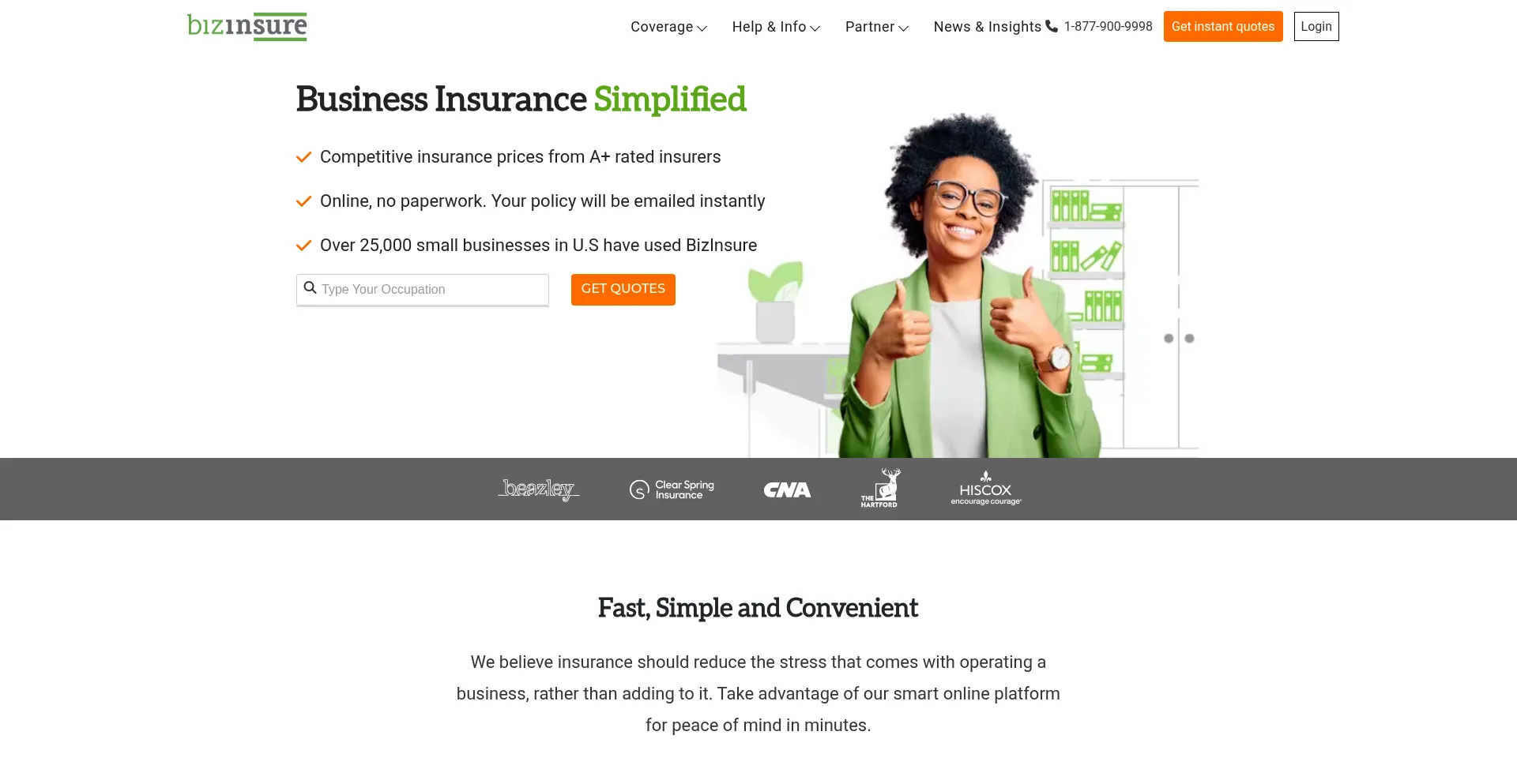 Website screenshot of Bizinsure.com