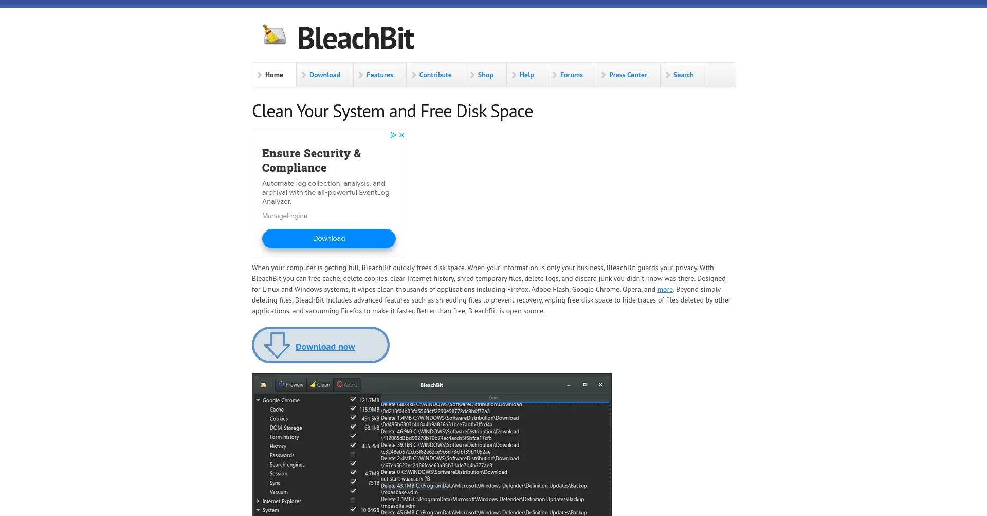 Website screenshot of Bleachbit.org