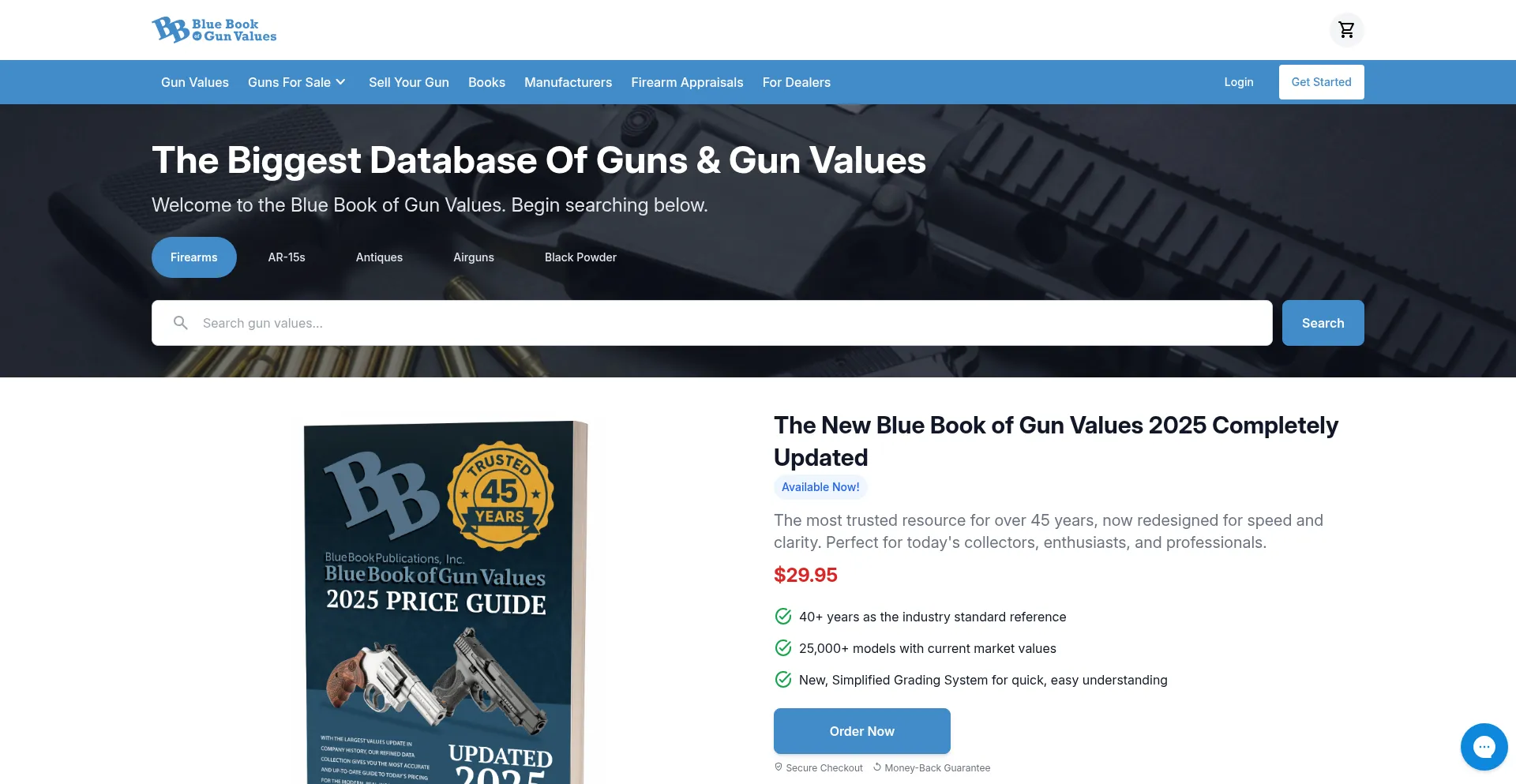 Website screenshot of Bluebookofgunvalues.com