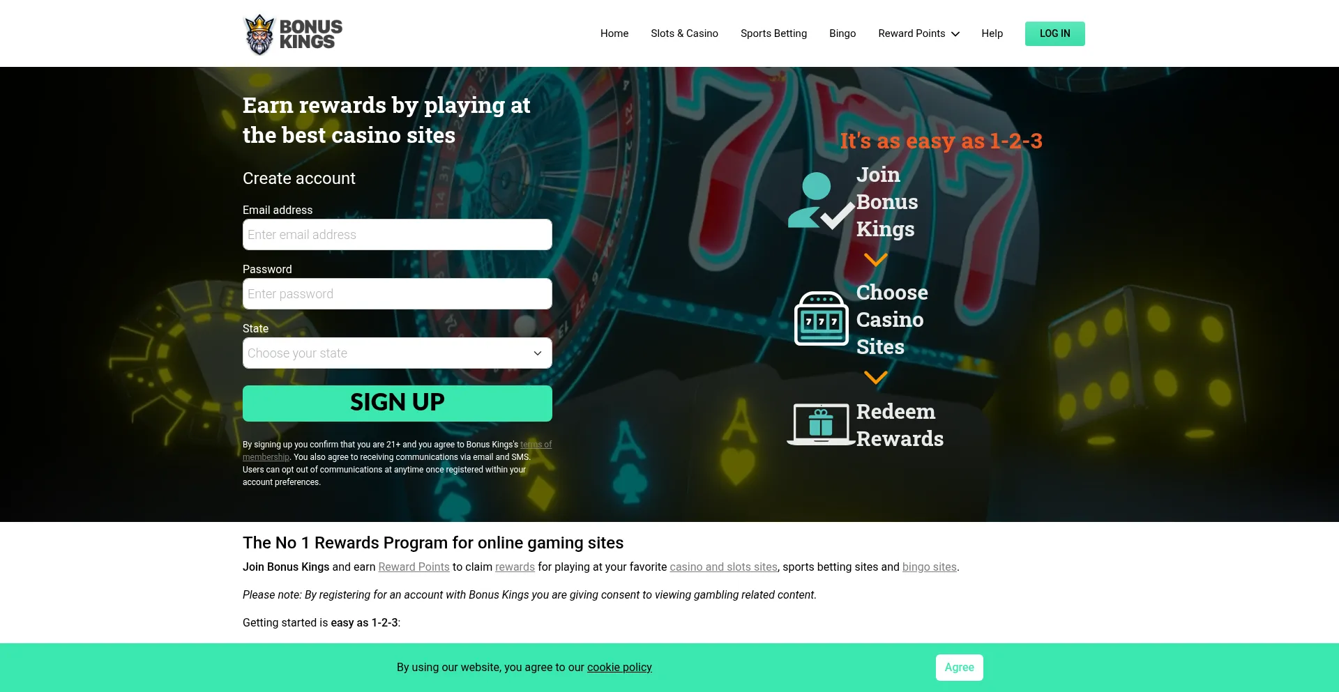 Website screenshot of Bonuskings.com