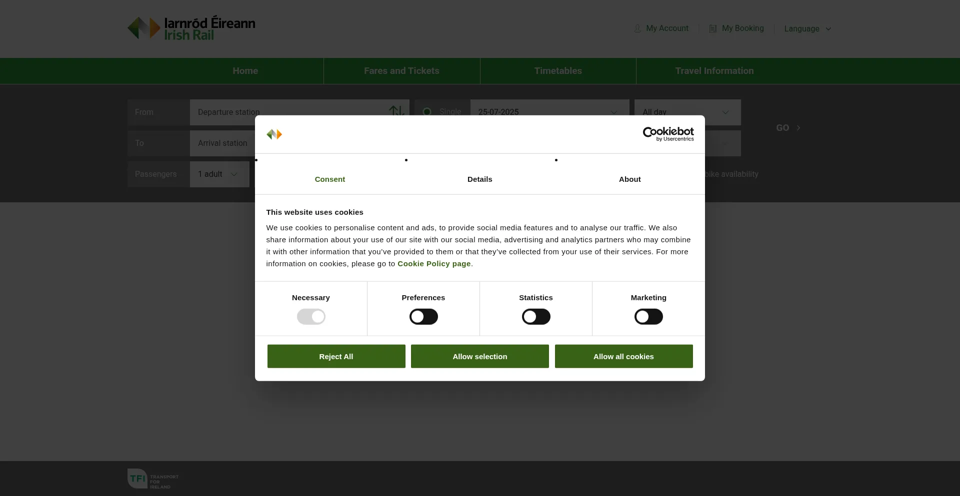 Website screenshot of Booking.cf.irishrail.ie