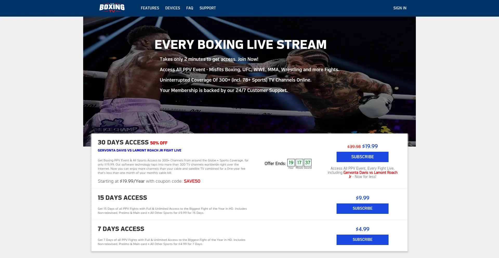 Website screenshot of Boxingftv.com