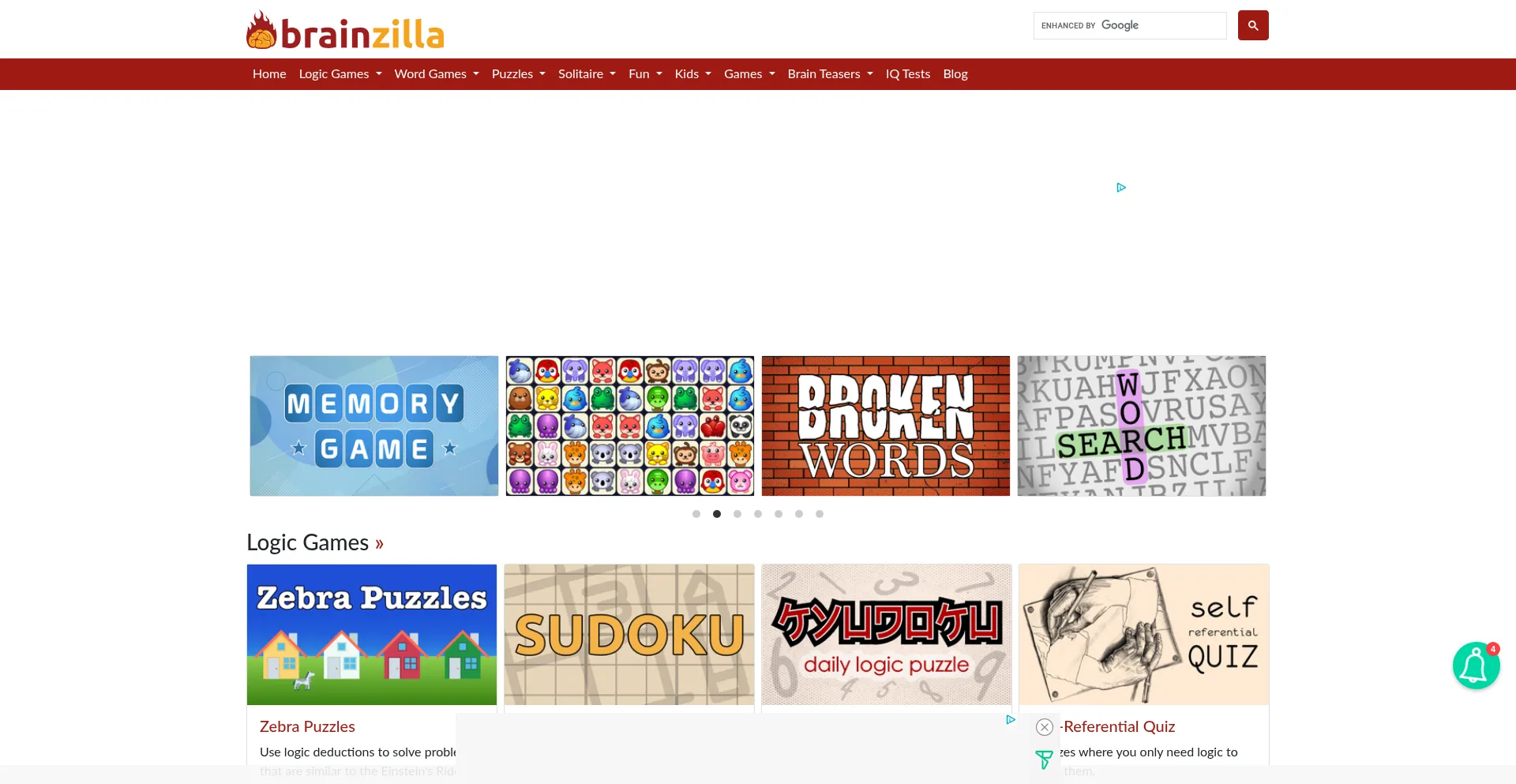 Website screenshot of Brainzilla.com