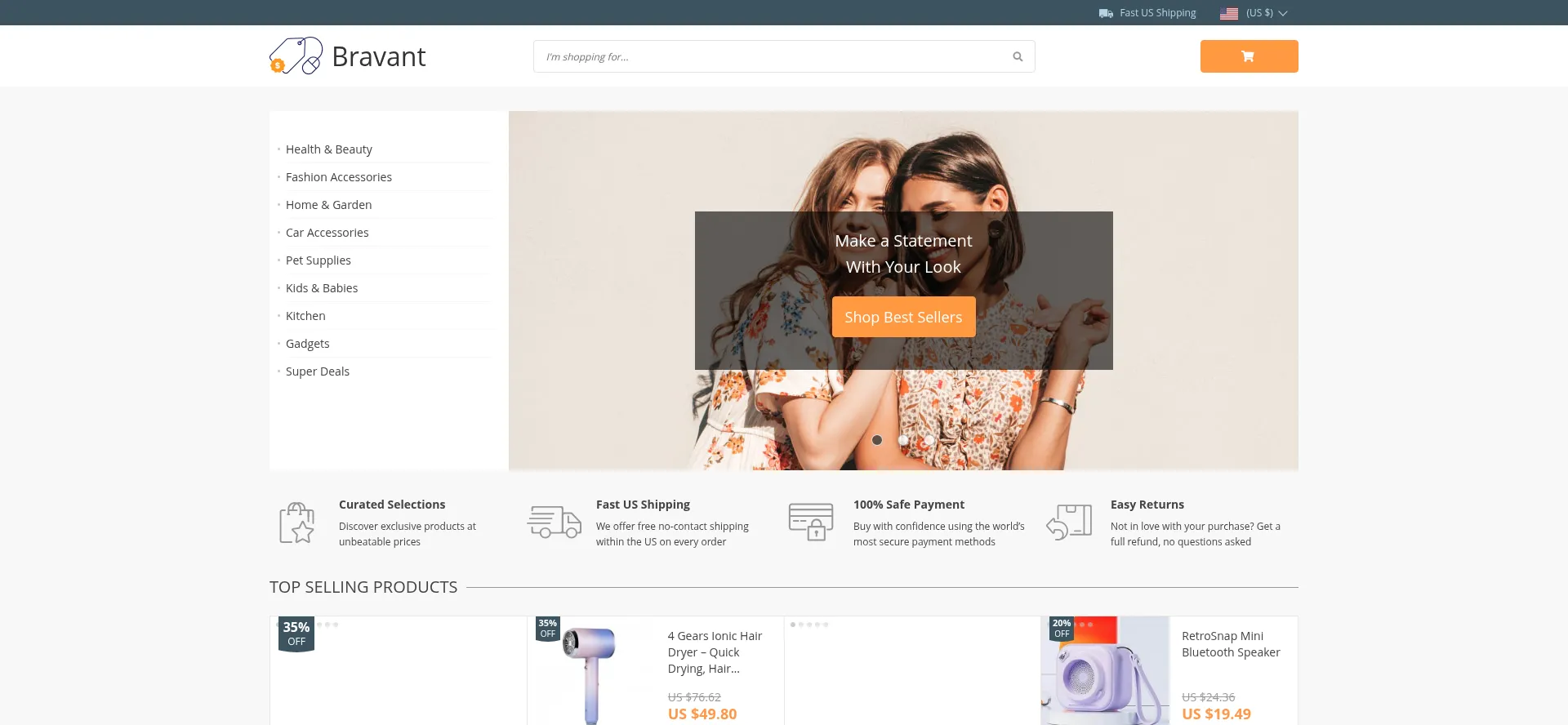 Website screenshot of Bravant.shop