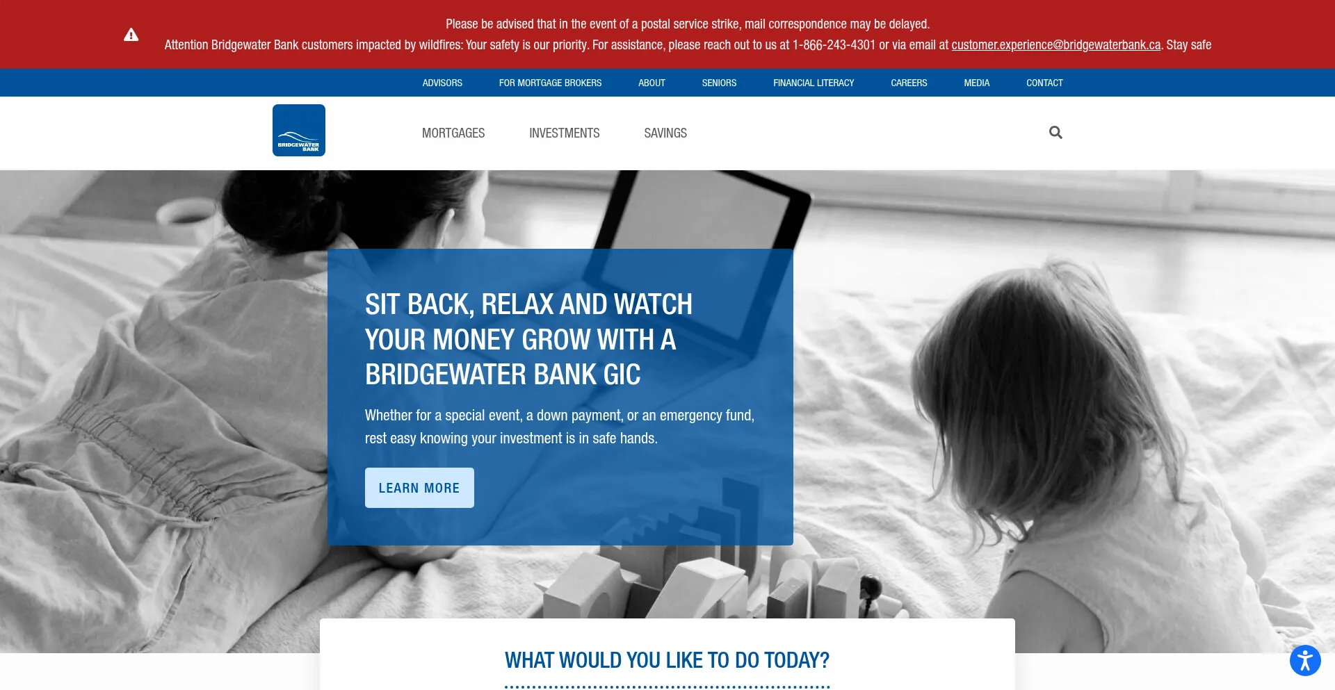 Website screenshot of Bridgewaterbank.ca