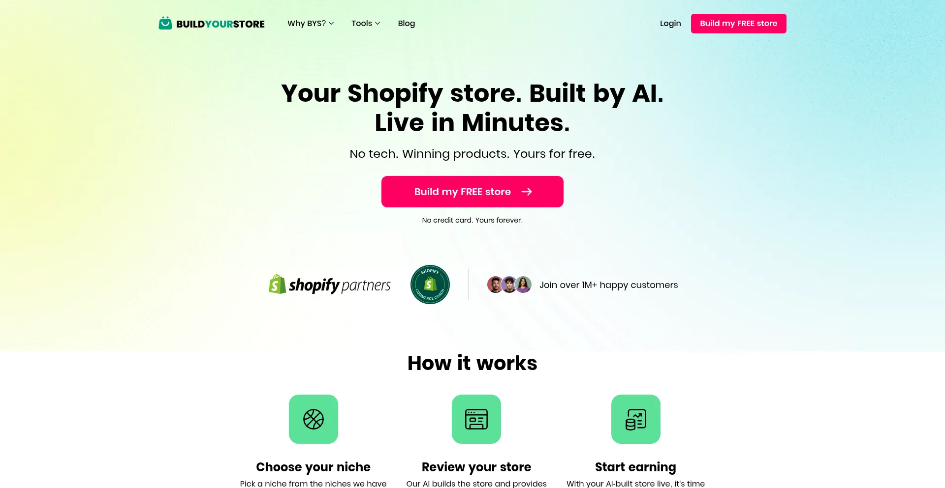 Website screenshot of Buildyourstore.ai