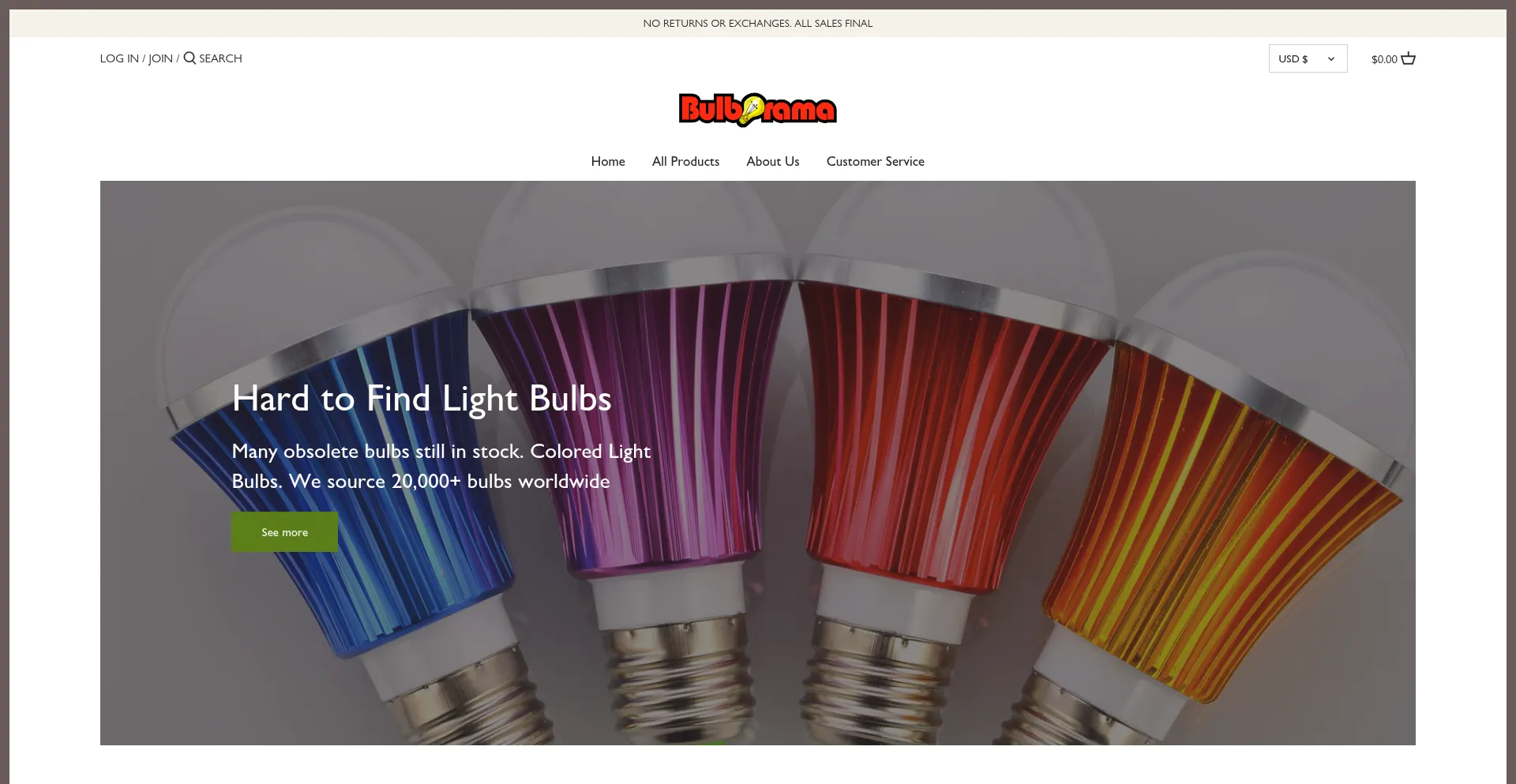 Website screenshot of Bulborama.com