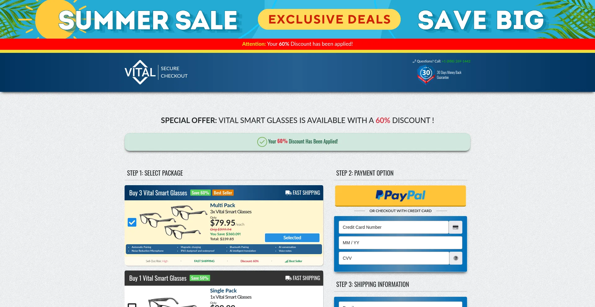 Website screenshot of Buyvitalsmartglasses.com