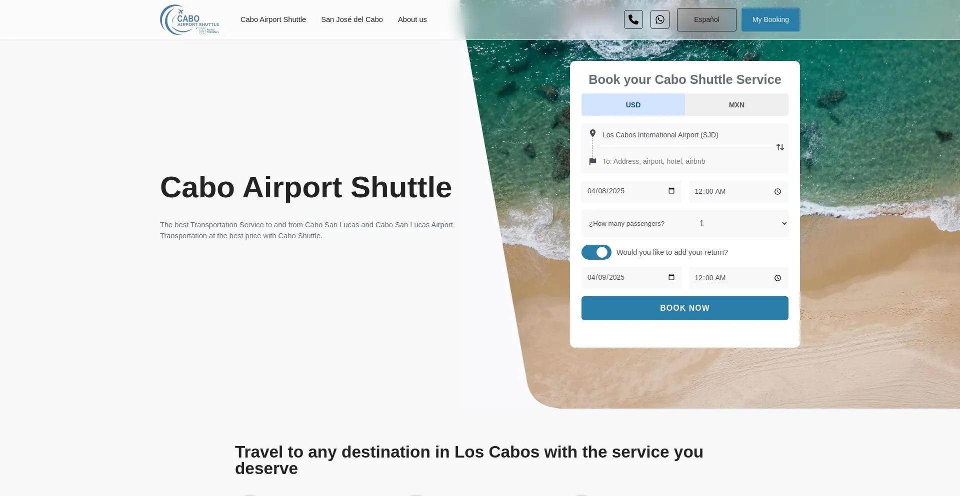 Website screenshot of Cabo-airport-shuttle.com